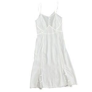 Vintage Artemis White Lace Trim Slip Midi Spaghetti Strap V Neck Nylon